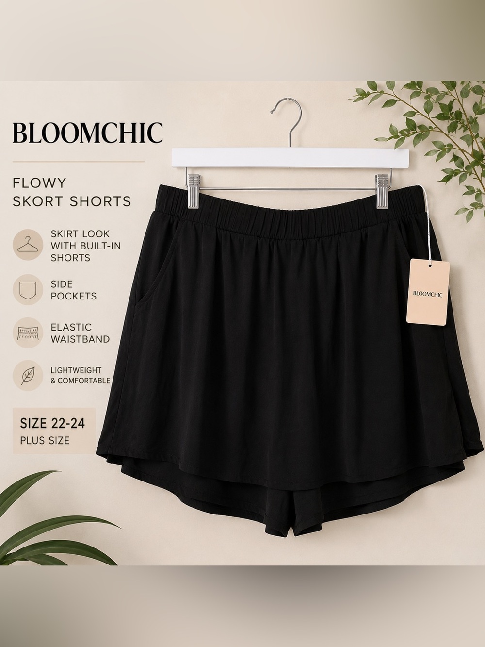 BLOOMCHIC Black Flowy Skort Shorts Plus Size 22/24 Elastic Waist Pockets